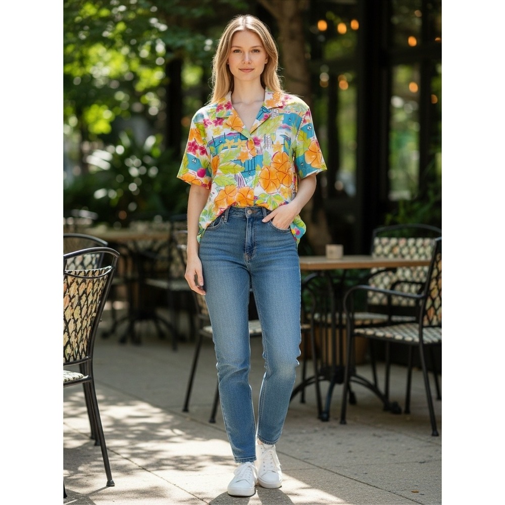 Erika Shirt Women Tropical Floral Sailboat Print Multicolor Small Short